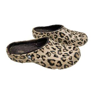 CROCS FREESAIL LEOPARD Sherpa Lined‎ clog Women's size 10 Tan Brown
